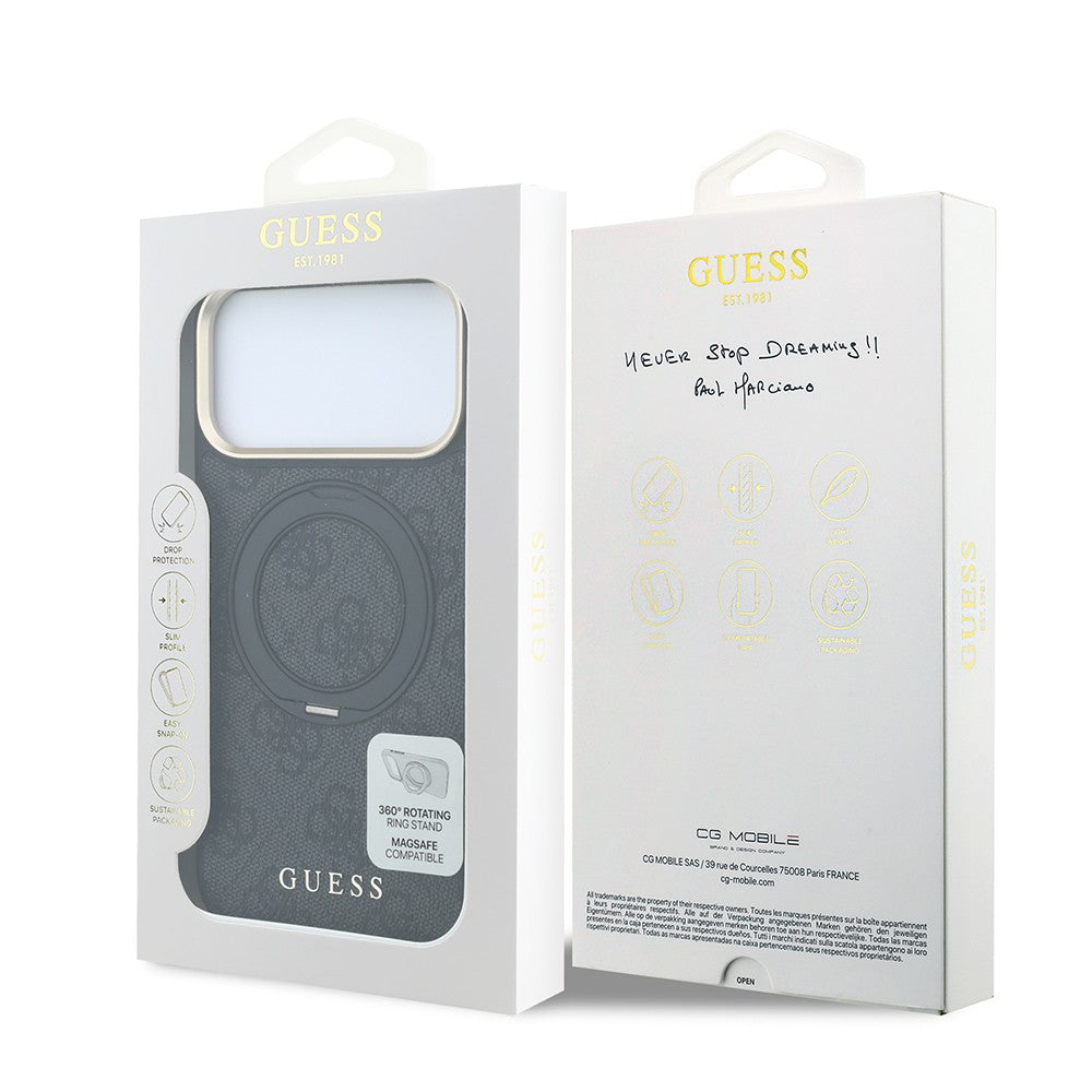 Apple iPhone 18 Pro Kılıf Guess Orjinal Lisanslı M-safe Şarj Özellikli 4G Desenli 360 Derece Dönebilen Standlı Metal Yazı Logolu Kapak