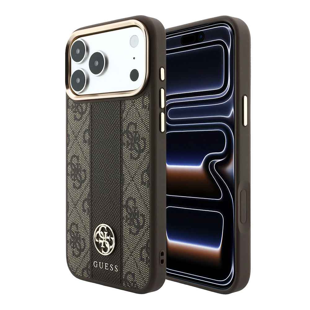 Apple iPhone 18 Pro Kılıf Guess Orjinal Lisanslı M-safe Şarj Özellikli Deri 4G Desenli Şeritli Yazı Logolu Kapak