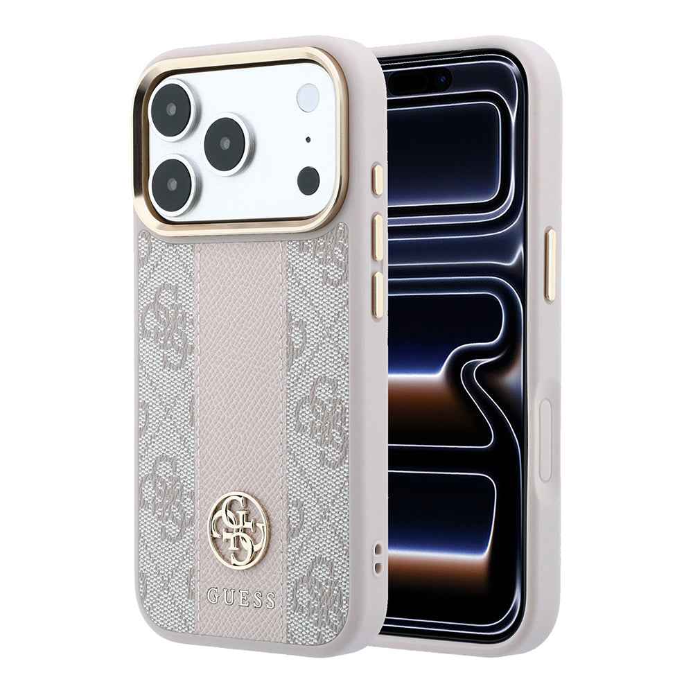 Apple iPhone 18 Pro Kılıf Guess Orjinal Lisanslı M-safe Şarj Özellikli Deri 4G Desenli Şeritli Yazı Logolu Kapak
