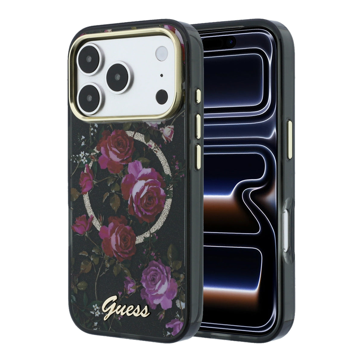 Apple iPhone 18 Pro Kılıf Guess Orjinal Lisanslı M-safe Şarj Özellikli Gül Desenli Simli Yazı Logolu Kapak
