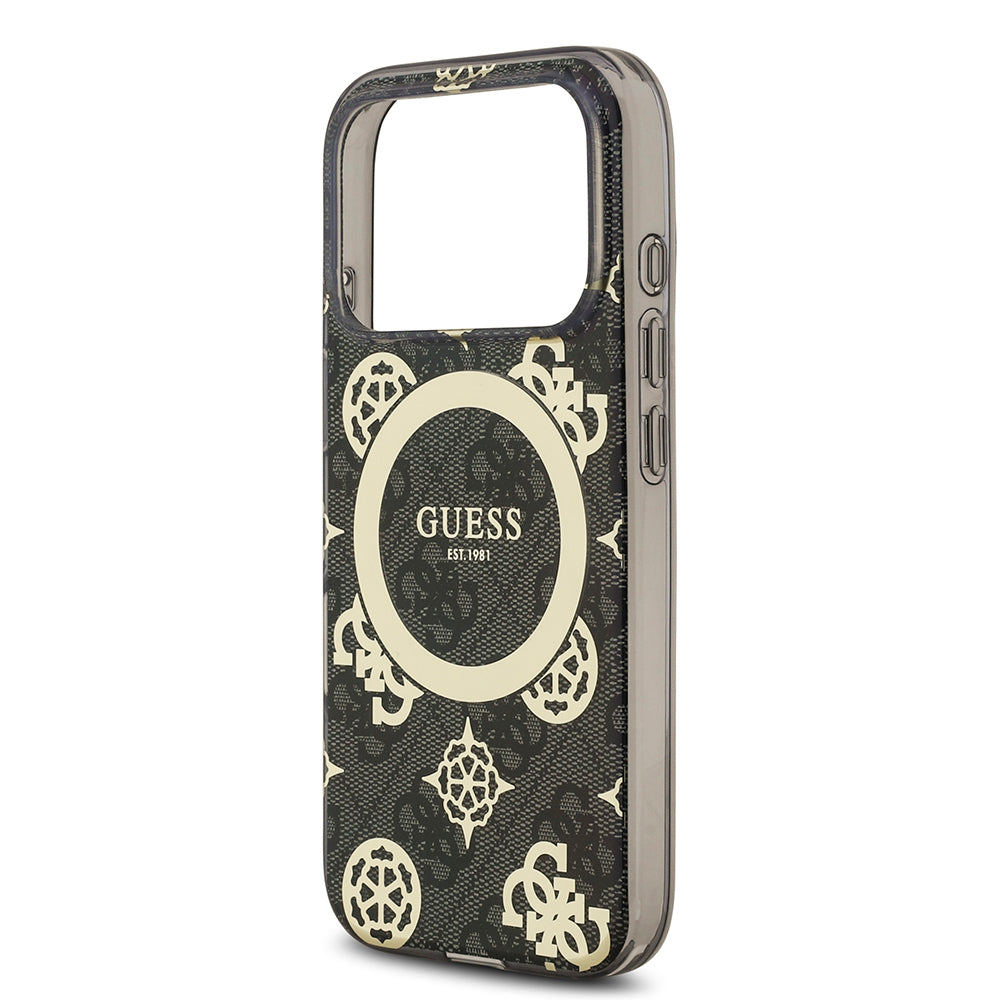Apple iPhone 18 Pro Kılıf Guess Orjinal Lisanslı M-safe Şarj Özellikli IML Peony ve 4G Desenli Klasik Logolu Kapak