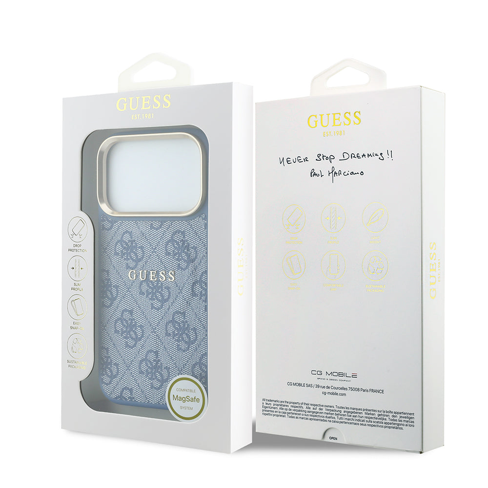 Apple iPhone 18 Pro Kılıf Guess Orjinal Lisanslı M-safe Şarj Özellikli Metal Kamera Çerçeveli C-Magnet 4G Desenli Yazı Logolu Kapak