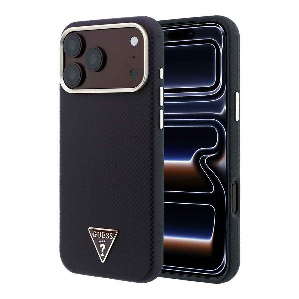 Apple iPhone 18 Pro Kılıf Guess Orjinal Lisanslı M-safe Şarj Özellikli PU Metal Üçgen Logolu Karbon Fiber Kevlar Kapak