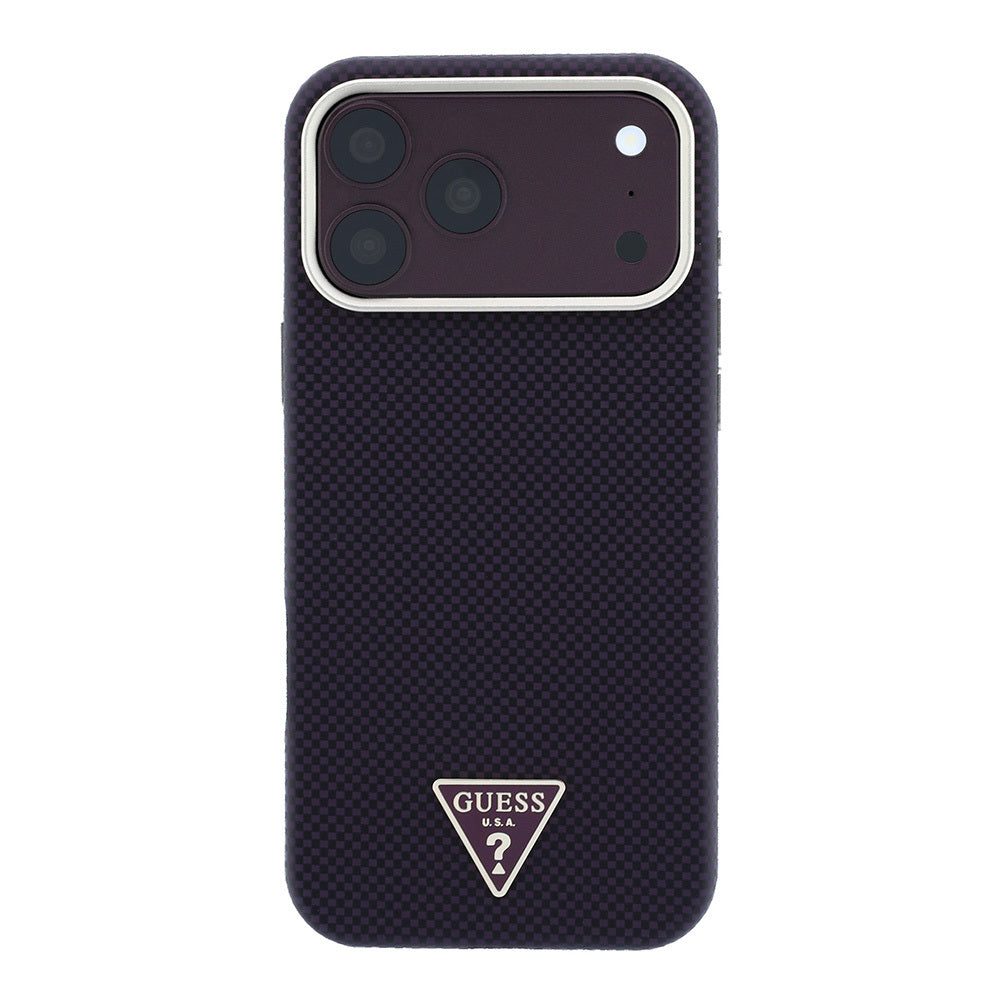 Apple iPhone 18 Pro Kılıf Guess Orjinal Lisanslı M-safe Şarj Özellikli PU Metal Üçgen Logolu Karbon Fiber Kevlar Kapak