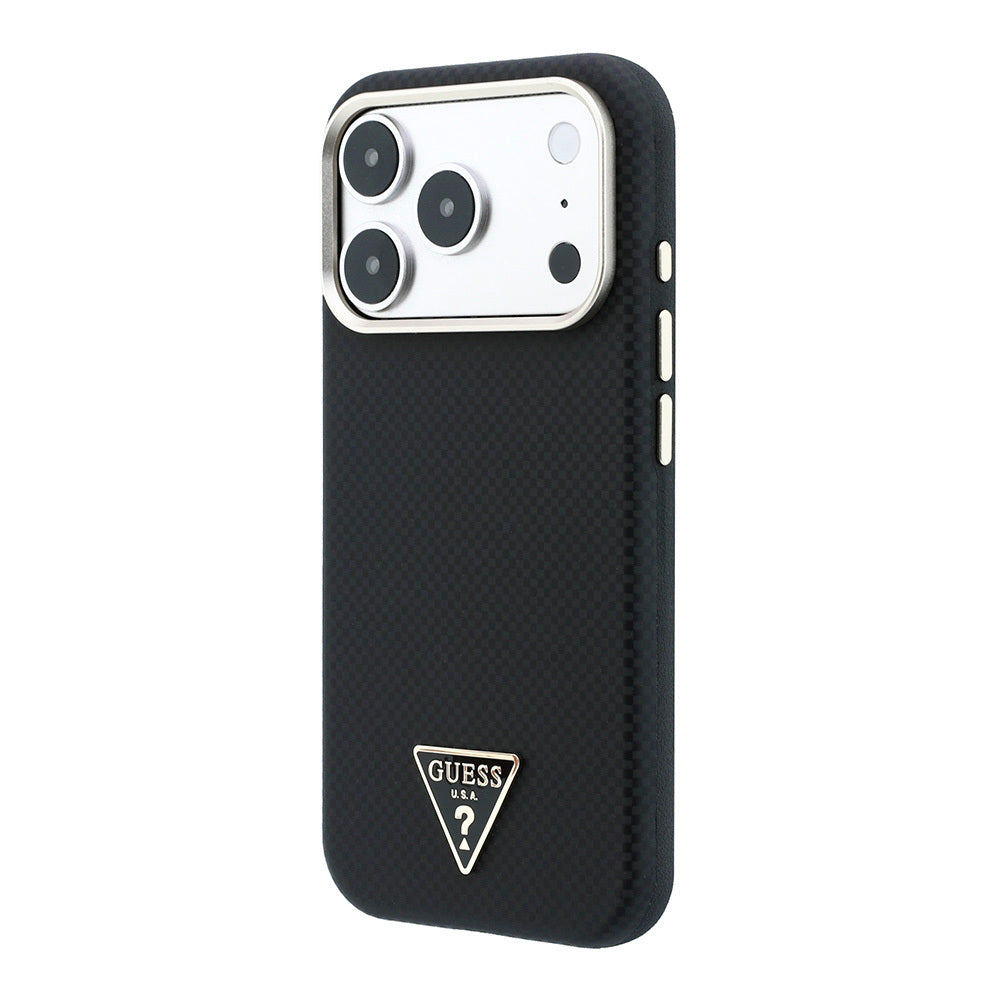 Apple iPhone 18 Pro Kılıf Guess Orjinal Lisanslı M-safe Şarj Özellikli PU Metal Üçgen Logolu Karbon Fiber Kevlar Kapak