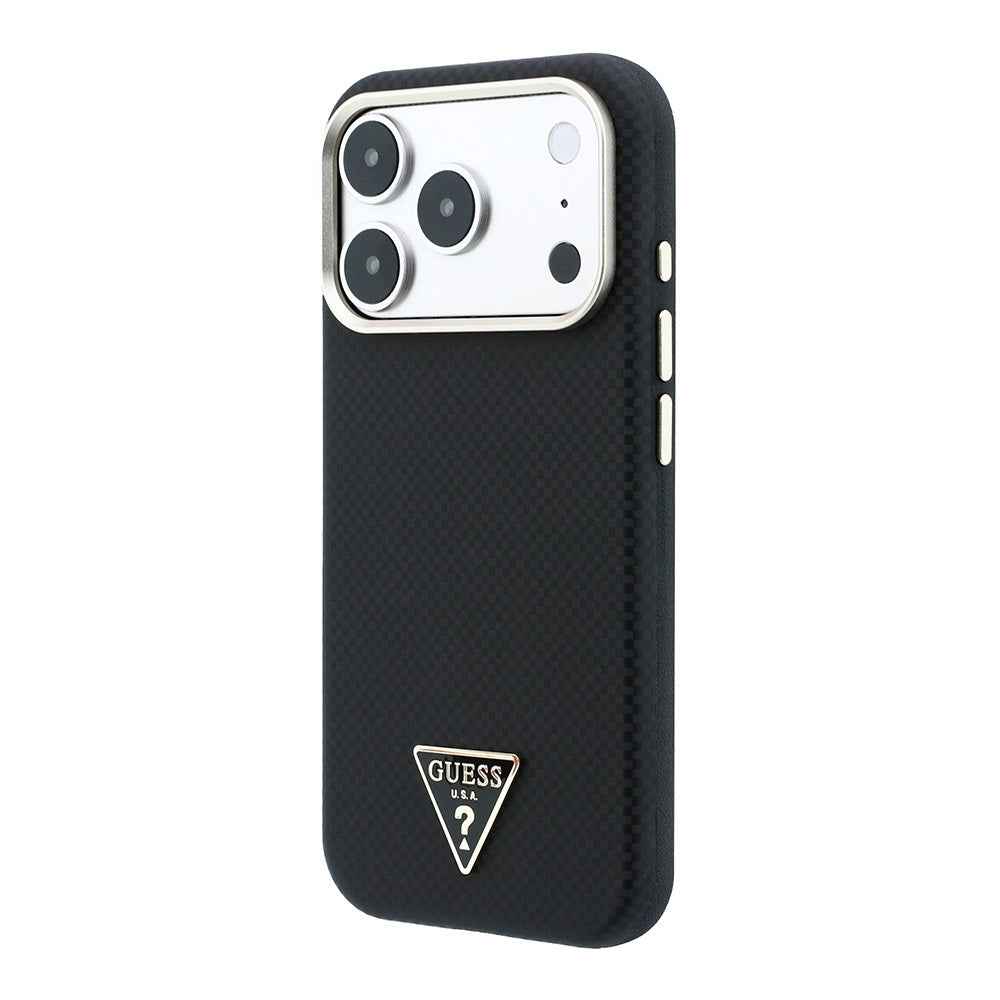 Apple iPhone 18 Pro Kılıf Guess Orjinal Lisanslı M-safe Şarj Özellikli PU Metal Üçgen Logolu Karbon Fiber Kevlar Kapak