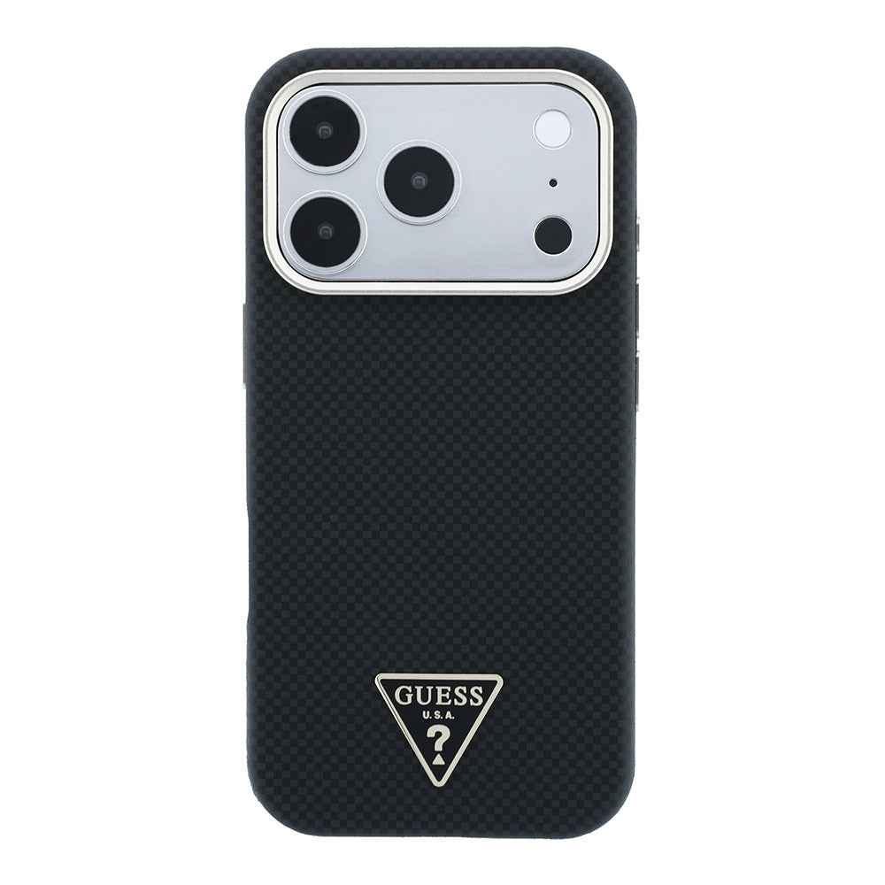 Apple iPhone 18 Pro Kılıf Guess Orjinal Lisanslı M-safe Şarj Özellikli PU Metal Üçgen Logolu Karbon Fiber Kevlar Kapak