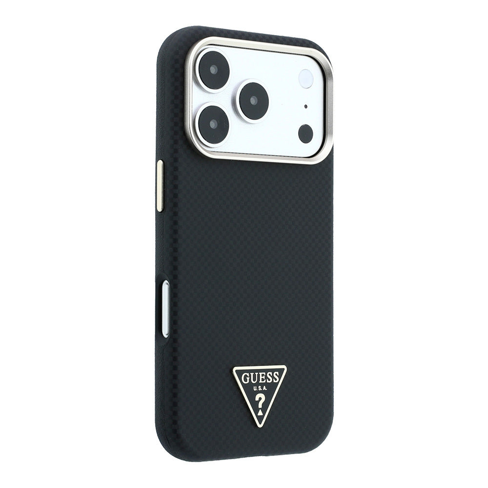 Apple iPhone 18 Pro Kılıf Guess Orjinal Lisanslı M-safe Şarj Özellikli PU Metal Üçgen Logolu Karbon Fiber Kevlar Kapak
