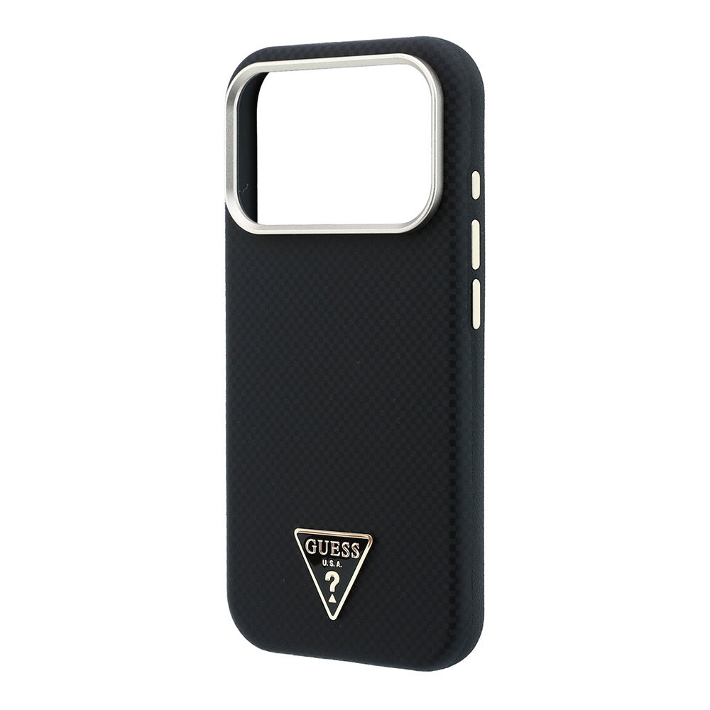 Apple iPhone 18 Pro Kılıf Guess Orjinal Lisanslı M-safe Şarj Özellikli PU Metal Üçgen Logolu Karbon Fiber Kevlar Kapak