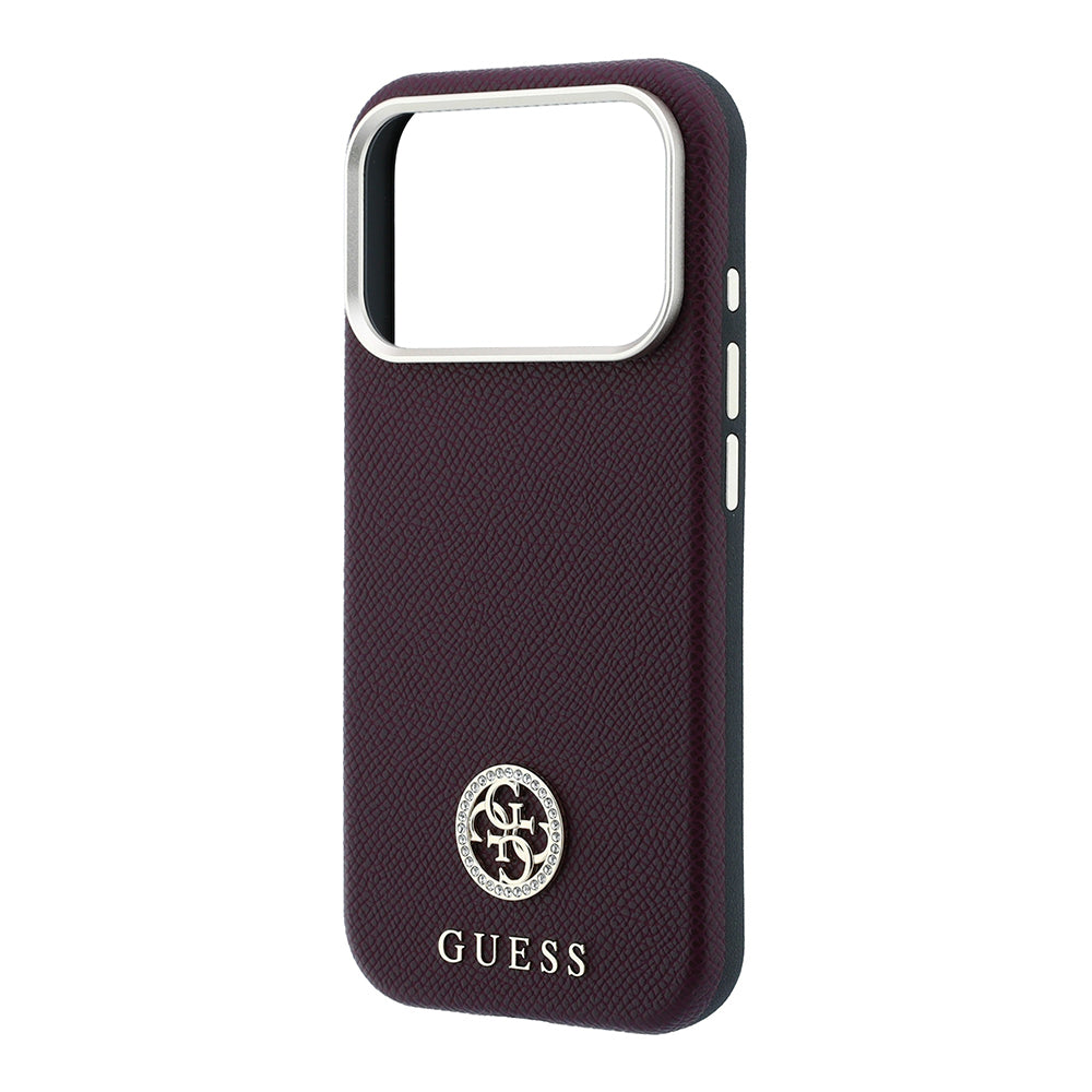 Apple iPhone 18 Pro Kılıf Guess Orjinal Lisanslı M-safe Şarj Özellikli PU Taşlı Metal 4G ve Yazı Logolu Kapak