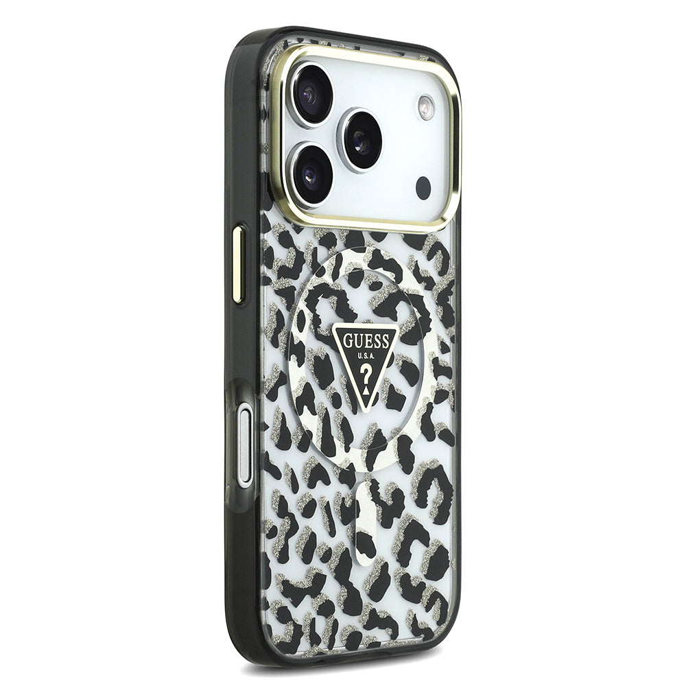 Apple iPhone 18 Pro Kılıf Guess Orjinal Lisanslı M-safe Şarj Özellikli Üçgen Logolu Simli Leopar Desenli Kapak