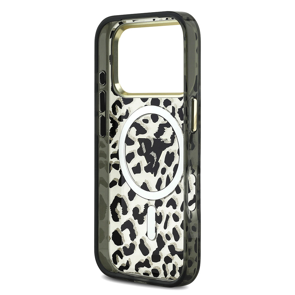 Apple iPhone 18 Pro Kılıf Guess Orjinal Lisanslı M-safe Şarj Özellikli Üçgen Logolu Simli Leopar Desenli Kapak