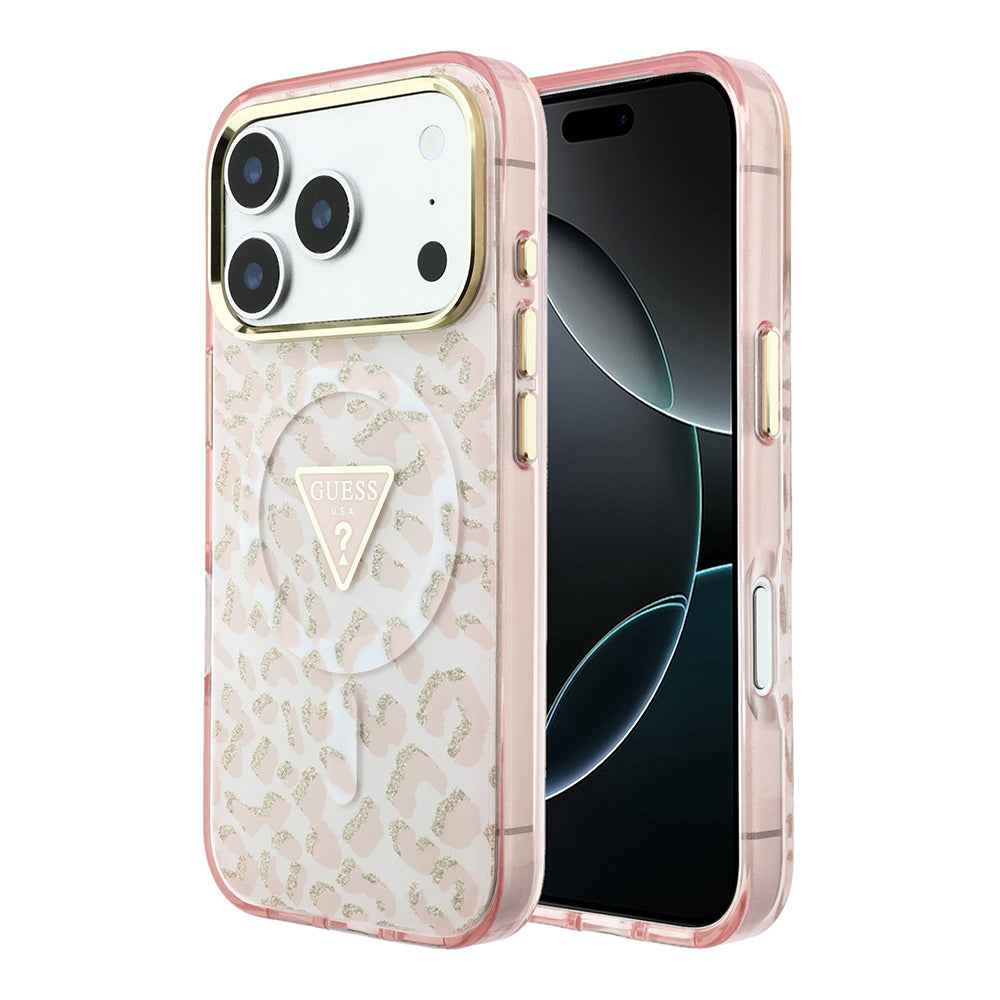 Apple iPhone 18 Pro Kılıf Guess Orjinal Lisanslı M-safe Şarj Özellikli Üçgen Logolu Simli Leopar Desenli Kapak