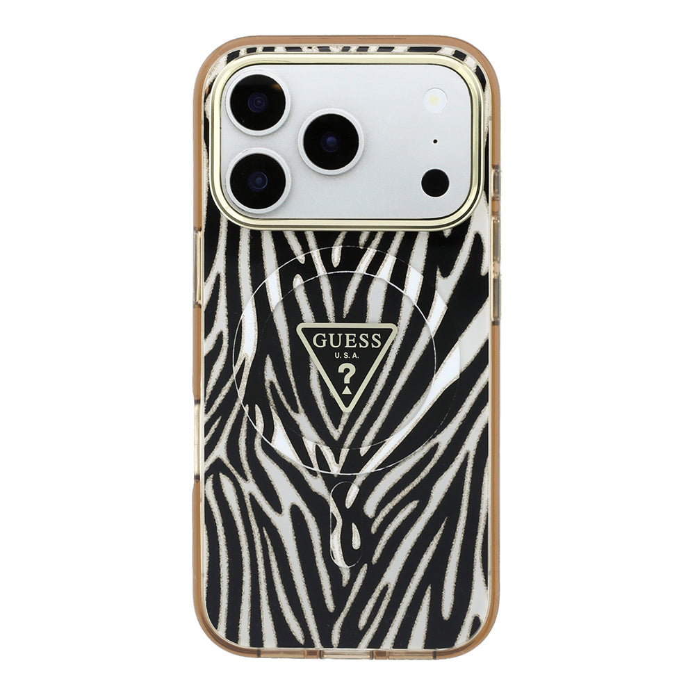 Apple iPhone 18 Pro Kılıf Guess Orjinal Lisanslı M-safe Şarj Özellikli Üçgen Logolu Zebra Desenli Silikon Kapak