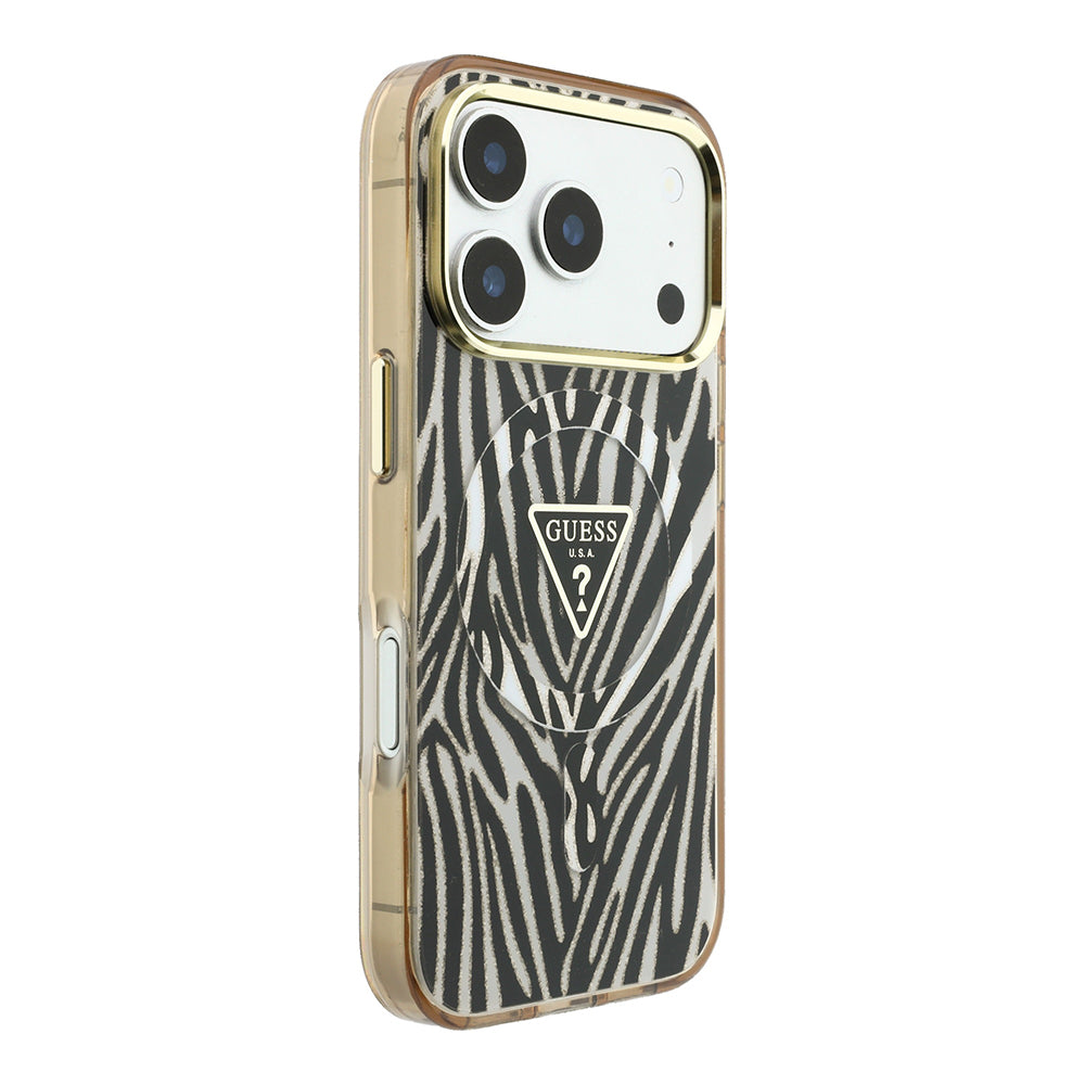 Apple iPhone 18 Pro Kılıf Guess Orjinal Lisanslı M-safe Şarj Özellikli Üçgen Logolu Zebra Desenli Silikon Kapak