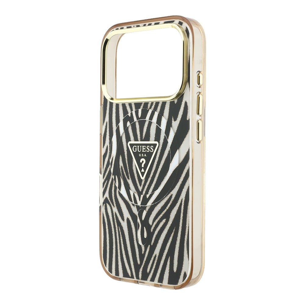 Apple iPhone 18 Pro Kılıf Guess Orjinal Lisanslı M-safe Şarj Özellikli Üçgen Logolu Zebra Desenli Silikon Kapak