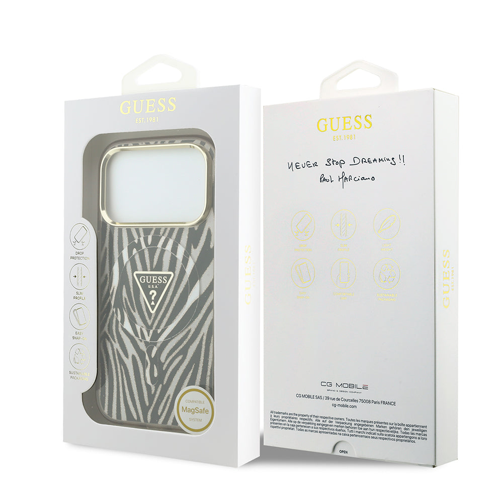 Apple iPhone 18 Pro Kılıf Guess Orjinal Lisanslı M-safe Şarj Özellikli Üçgen Logolu Zebra Desenli Silikon Kapak