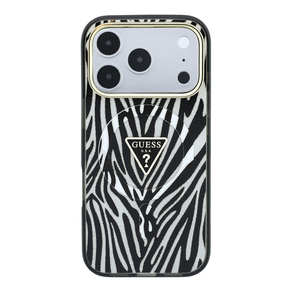 Apple iPhone 18 Pro Kılıf Guess Orjinal Lisanslı M-safe Şarj Özellikli Üçgen Logolu Zebra Desenli Silikon Kapak