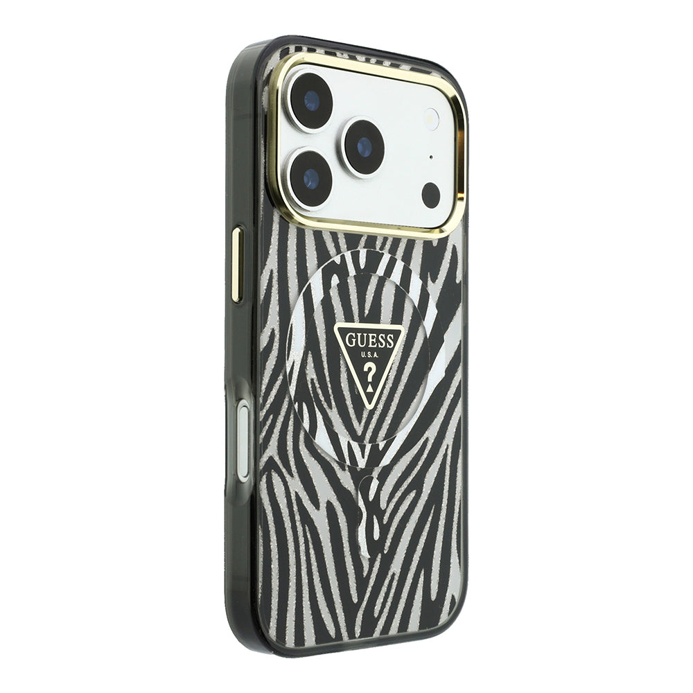 Apple iPhone 18 Pro Kılıf Guess Orjinal Lisanslı M-safe Şarj Özellikli Üçgen Logolu Zebra Desenli Silikon Kapak