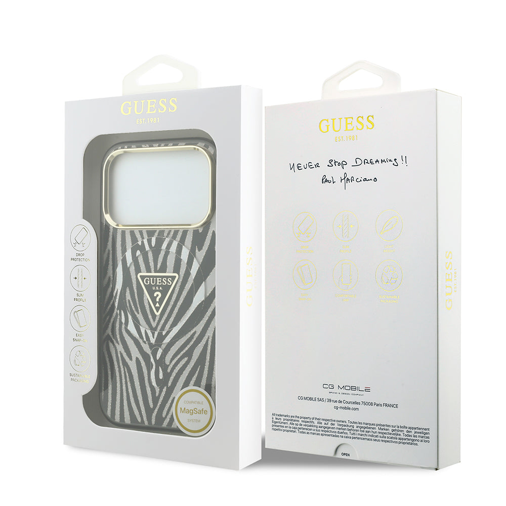 Apple iPhone 18 Pro Kılıf Guess Orjinal Lisanslı M-safe Şarj Özellikli Üçgen Logolu Zebra Desenli Silikon Kapak