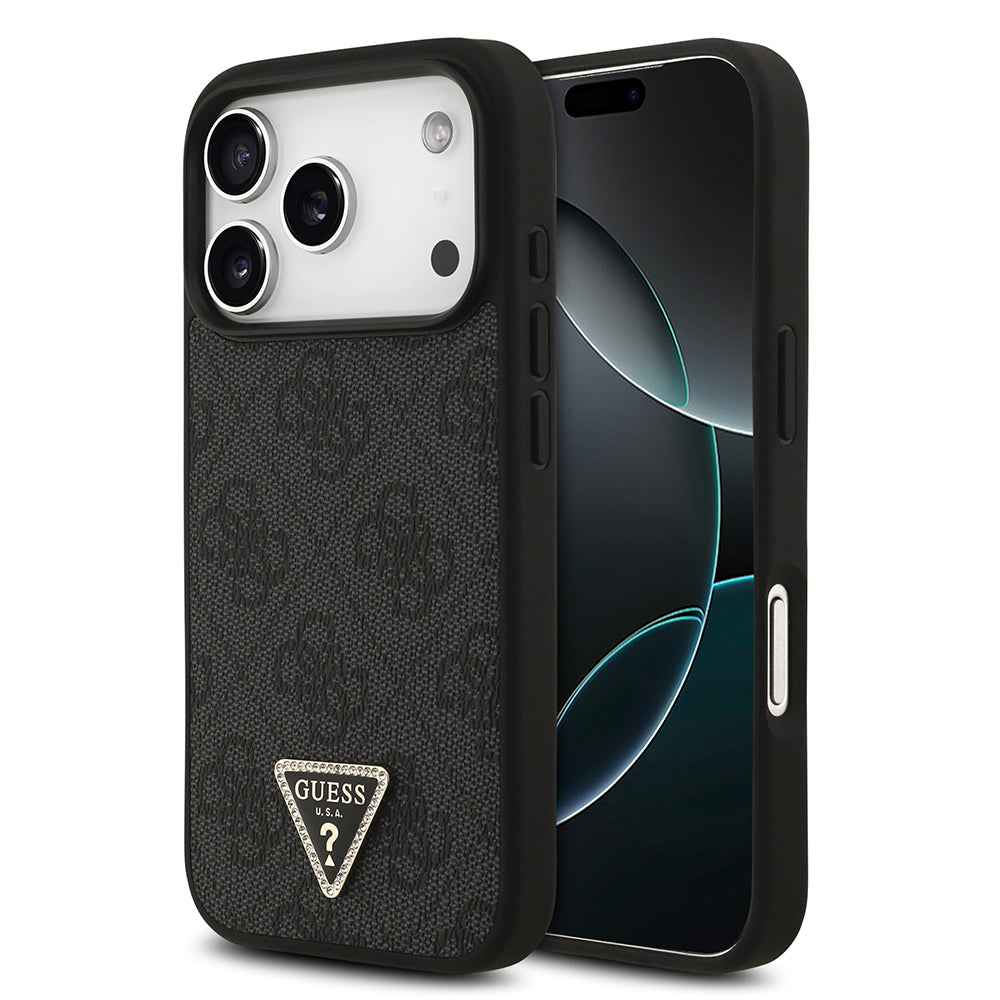 Apple iPhone 18 Pro Kılıf Guess Orjinal Lisanslı M-safe Şarj Özllikli PU Deri Taşlı Üçgen Logo 4G Desenli Strass Kapak