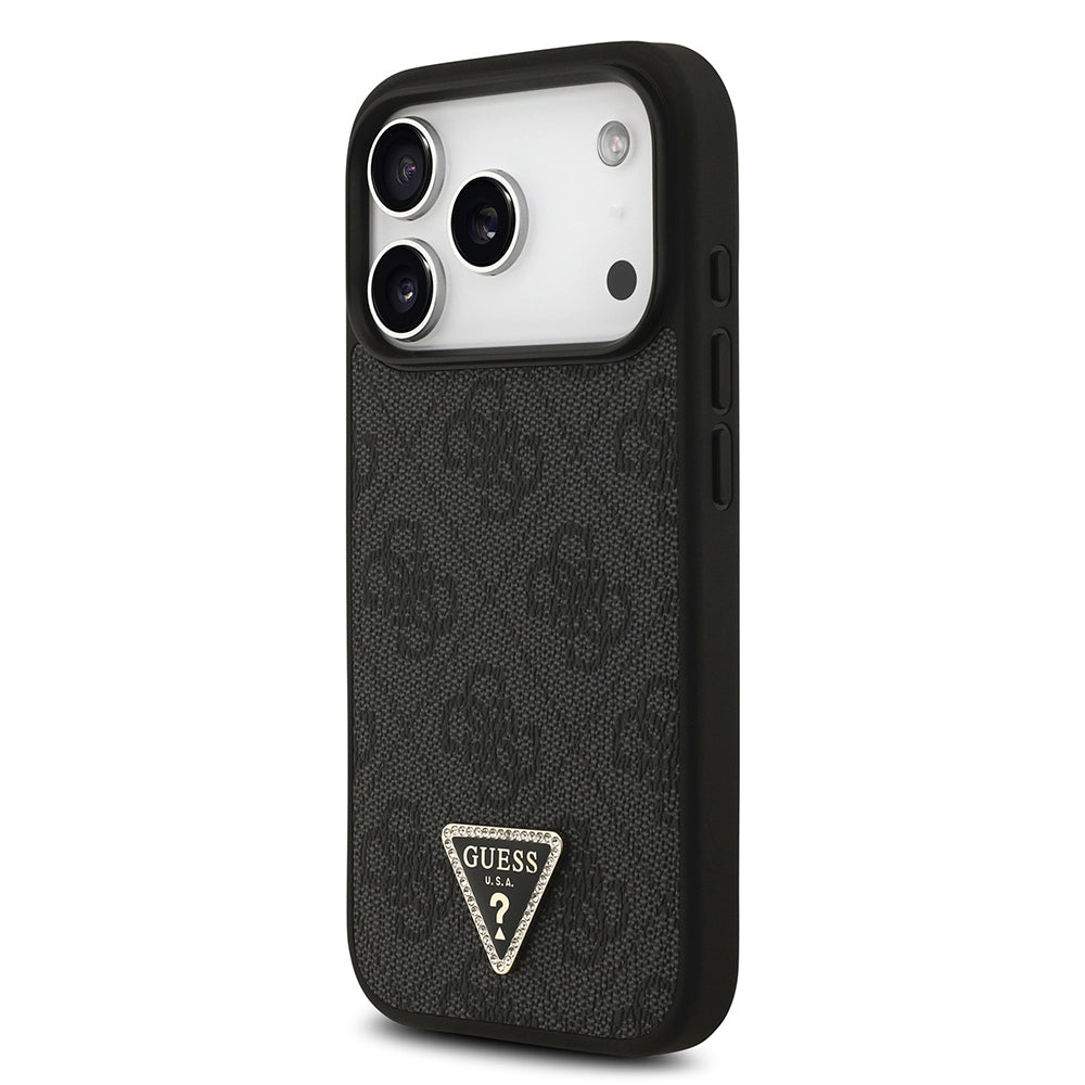 Apple iPhone 18 Pro Kılıf Guess Orjinal Lisanslı M-safe Şarj Özllikli PU Deri Taşlı Üçgen Logo 4G Desenli Strass Kapak