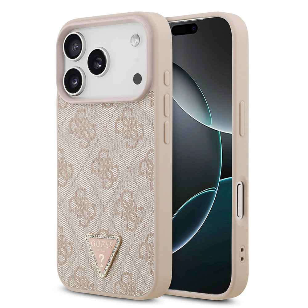 Apple iPhone 18 Pro Kılıf Guess Orjinal Lisanslı M-safe Şarj Özllikli PU Deri Taşlı Üçgen Logo 4G Desenli Strass Kapak