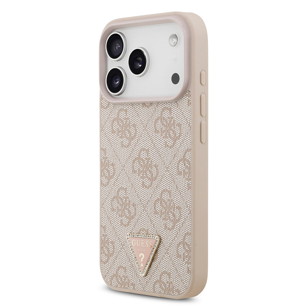 Apple iPhone 18 Pro Kılıf Guess Orjinal Lisanslı M-safe Şarj Özllikli PU Deri Taşlı Üçgen Logo 4G Desenli Strass Kapak