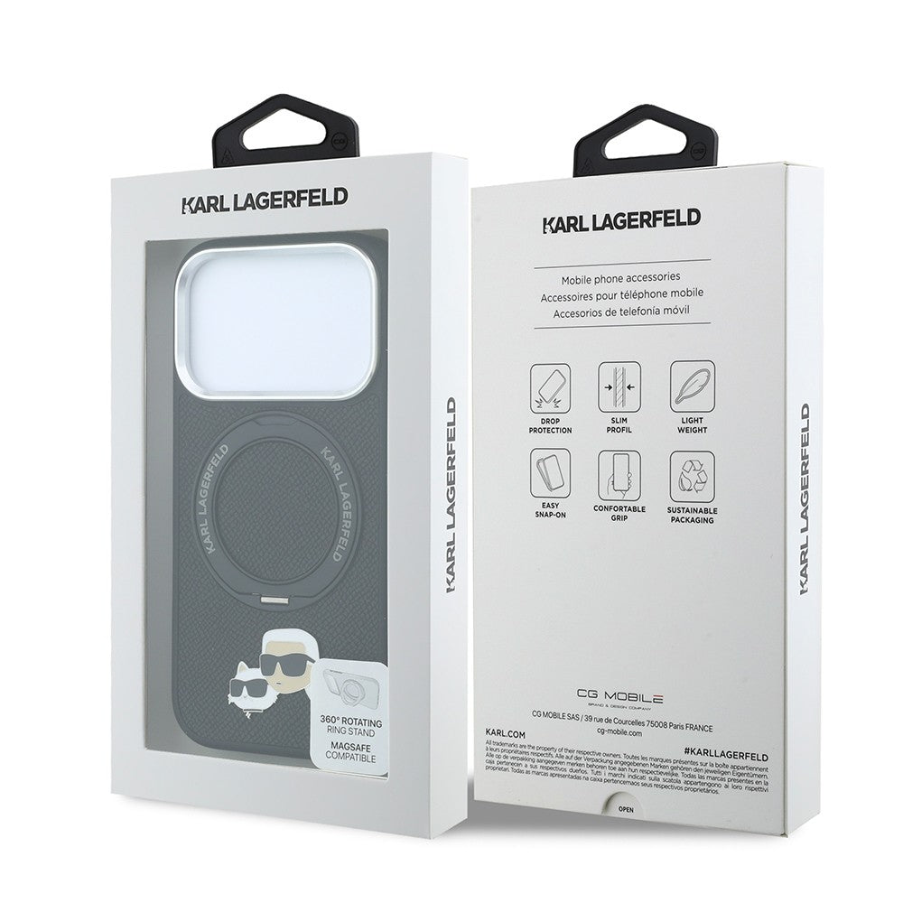 Apple iPhone 18 Pro Kılıf Karl Lagerfeld Orjinal Lisanslı M-Safe Şarj Özellikli K&C Heads Pin Metal Logolu PU 360 Derece Dönebilen Standlı Kapak