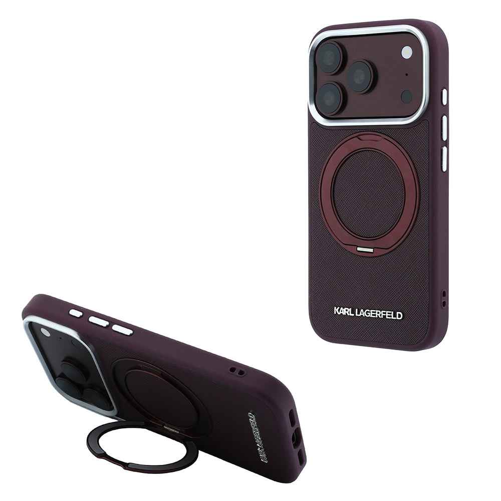Apple iPhone 18 Pro Kılıf Karl Lagerfeld Orjinal Lisanslı M-Safe Şarj Özellikli Metal Logolu PU Saffiano 360 Derece Dönebilen Standlı Kapak