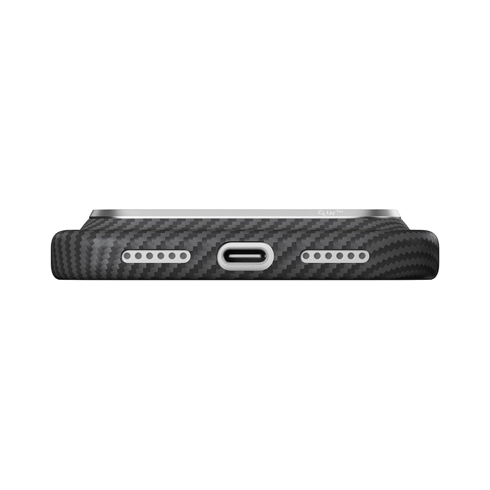 Apple iPhone 18 Pro Kılıf M-safe Şarj Özellikli 1500D Aramid Karbon Fiber Pitaka Ultra-Slim Classic Serisi Black-Grey Twill Kapak