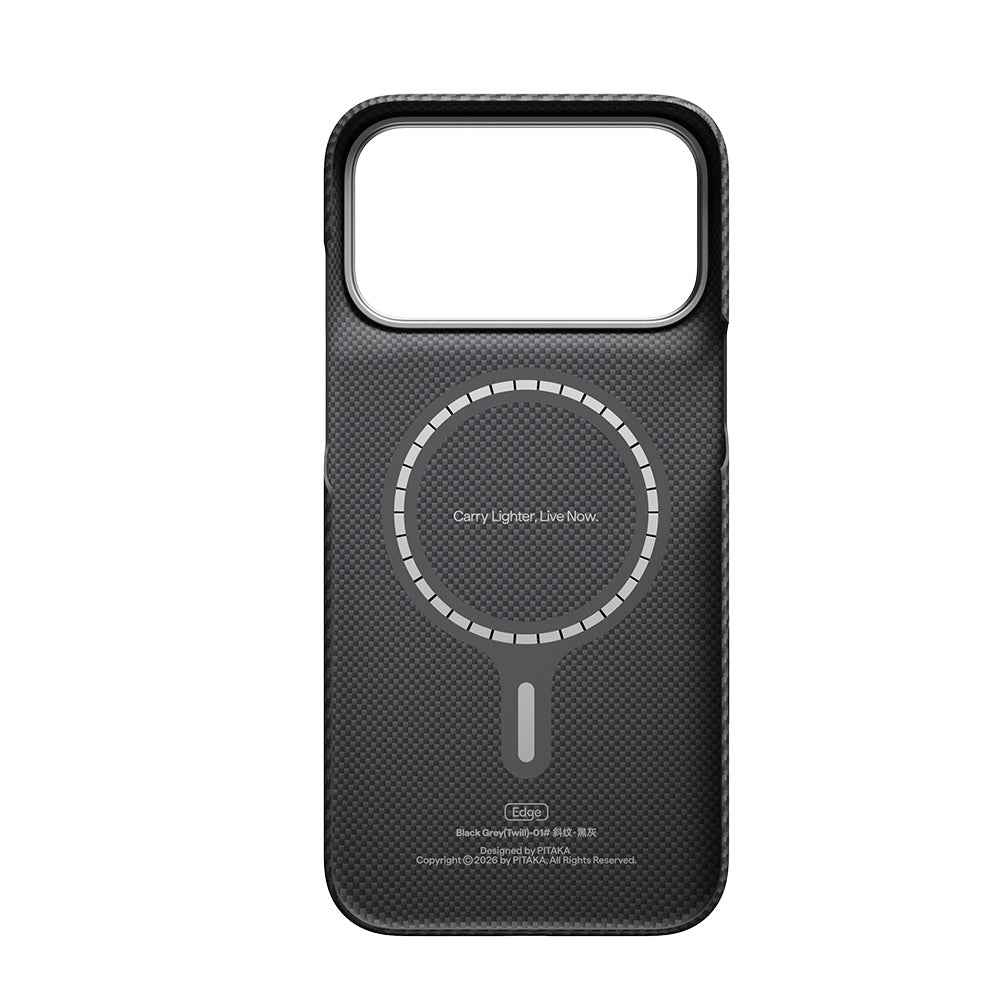 Apple iPhone 18 Pro Kılıf M-safe Şarj Özellikli 1500D Aramid Karbon Fiber Pitaka Ultra-Slim Classic Serisi Black-Grey Twill Kapak