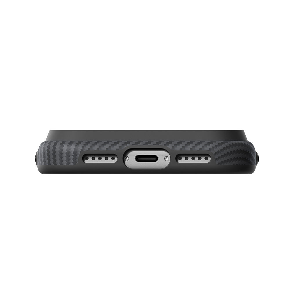 Apple iPhone 18 Pro Kılıf M-safe Şarj Özellikli Aramid Karbon Fiber Pitaka Military-Grade Classic Serisi New Logo Black-Grey Twill Kapak