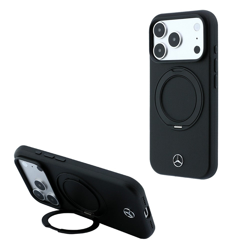 Apple iPhone 18 Pro Kılıf Mercedes Benz Orjinal Lisanslı M-safe Şarj Özellikli 360 Derece Dönebilen Standlı Metal Logolu PU Kapak