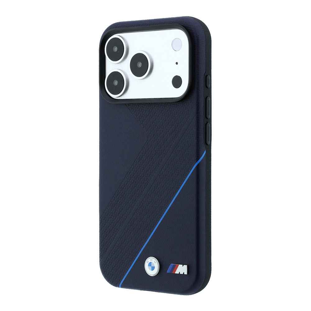 Apple iPhone 18 Pro Max Kılıf BMW Orjinal Lisanslı M-safe Şarj Özellikli M Logolu Lastik İzi Desenli Mavi Çizgili Kapak