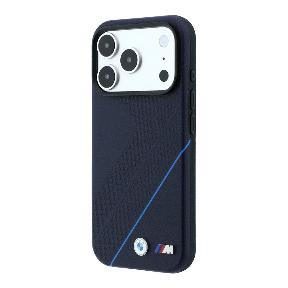 Apple iPhone 18 Pro Max Kılıf BMW Orjinal Lisanslı M-safe Şarj Özellikli M Logolu Lastik İzi Desenli Mavi Çizgili Kapak