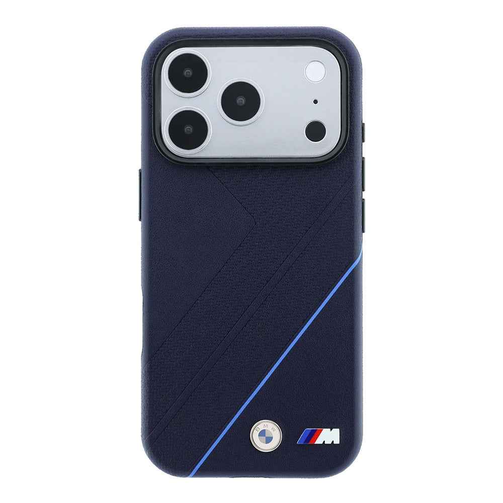 Apple iPhone 18 Pro Max Kılıf BMW Orjinal Lisanslı M-safe Şarj Özellikli M Logolu Lastik İzi Desenli Mavi Çizgili Kapak