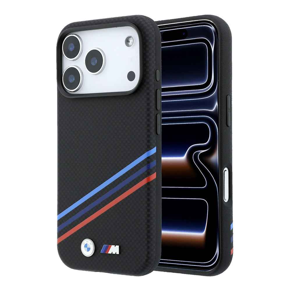 Apple iPhone 18 Pro Max Kılıf BMW Orjinal Lisanslı M-safe Şarj Özellikli Üç Şeritli Metal M Logolu Karbon Fiber Kevlar Kapak
