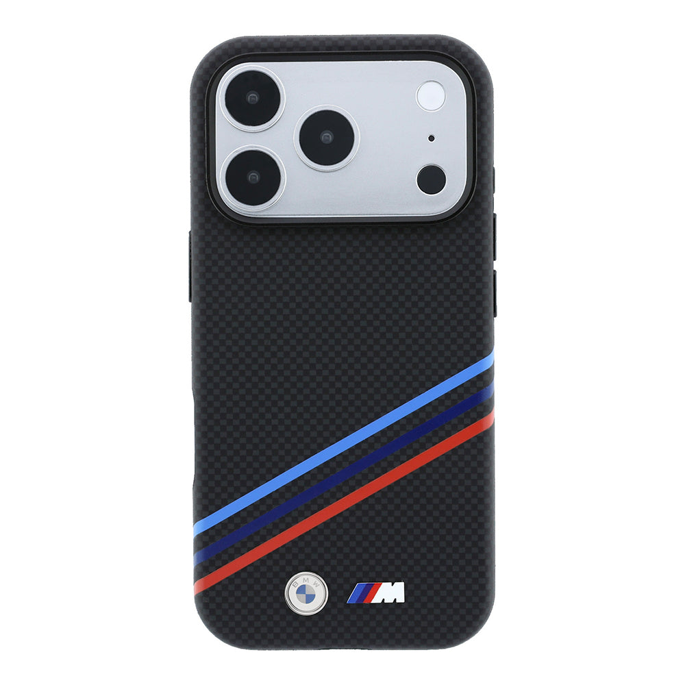 Apple iPhone 18 Pro Max Kılıf BMW Orjinal Lisanslı M-safe Şarj Özellikli Üç Şeritli Metal M Logolu Karbon Fiber Kevlar Kapak