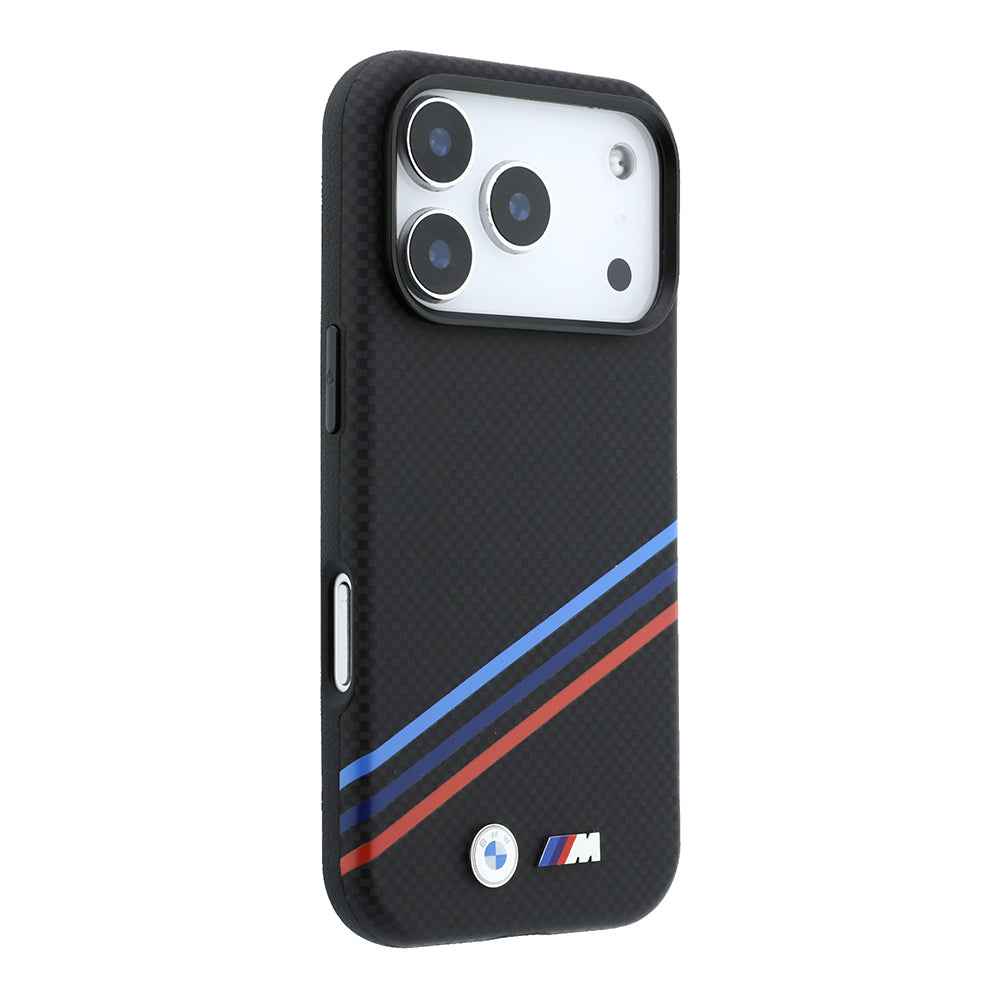 Apple iPhone 18 Pro Max Kılıf BMW Orjinal Lisanslı M-safe Şarj Özellikli Üç Şeritli Metal M Logolu Karbon Fiber Kevlar Kapak