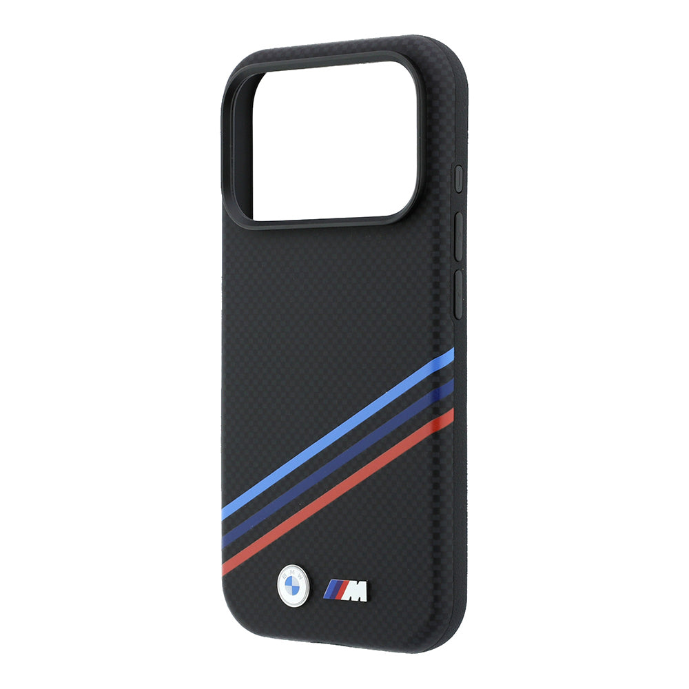 Apple iPhone 18 Pro Max Kılıf BMW Orjinal Lisanslı M-safe Şarj Özellikli Üç Şeritli Metal M Logolu Karbon Fiber Kevlar Kapak