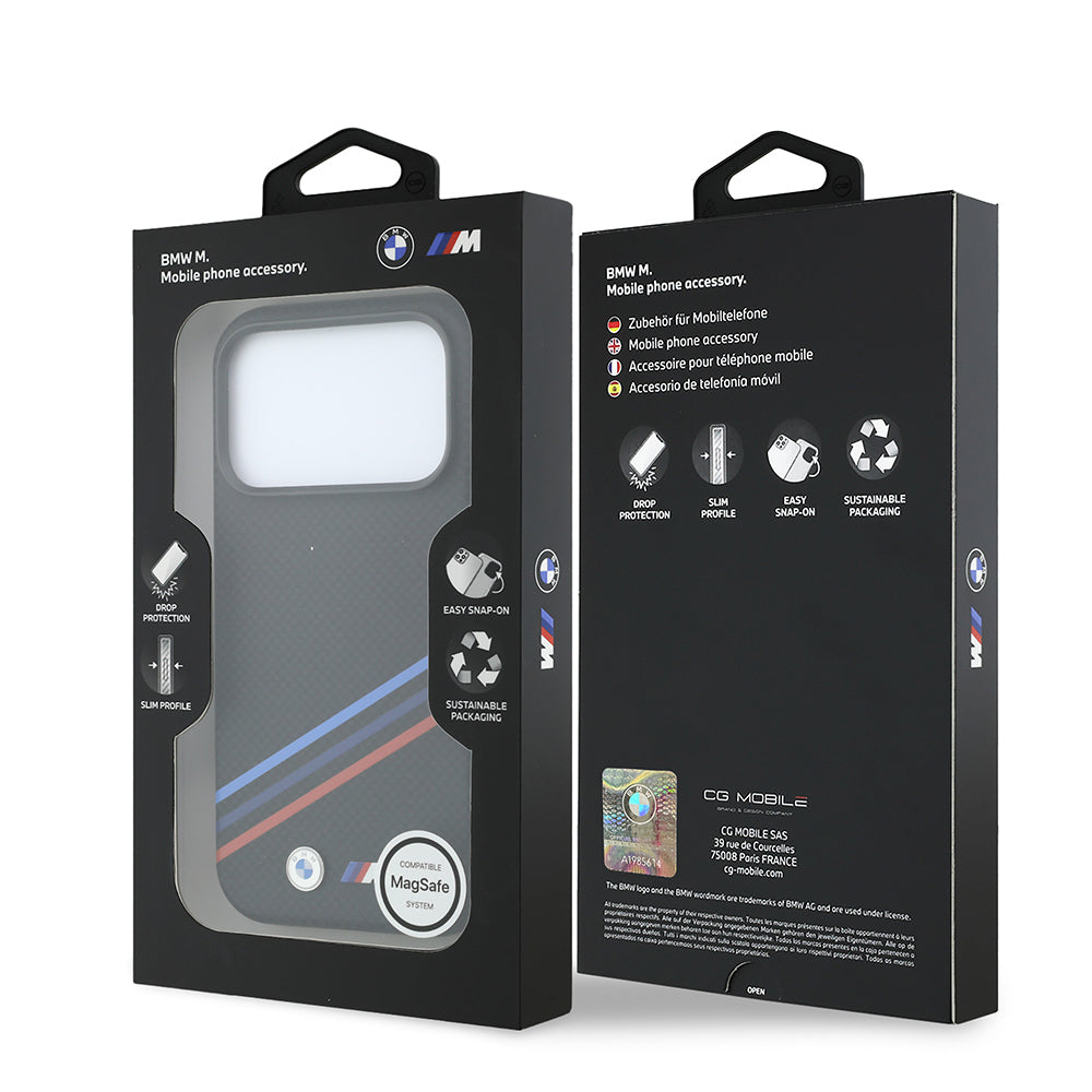 Apple iPhone 18 Pro Max Kılıf BMW Orjinal Lisanslı M-safe Şarj Özellikli Üç Şeritli Metal M Logolu Karbon Fiber Kevlar Kapak
