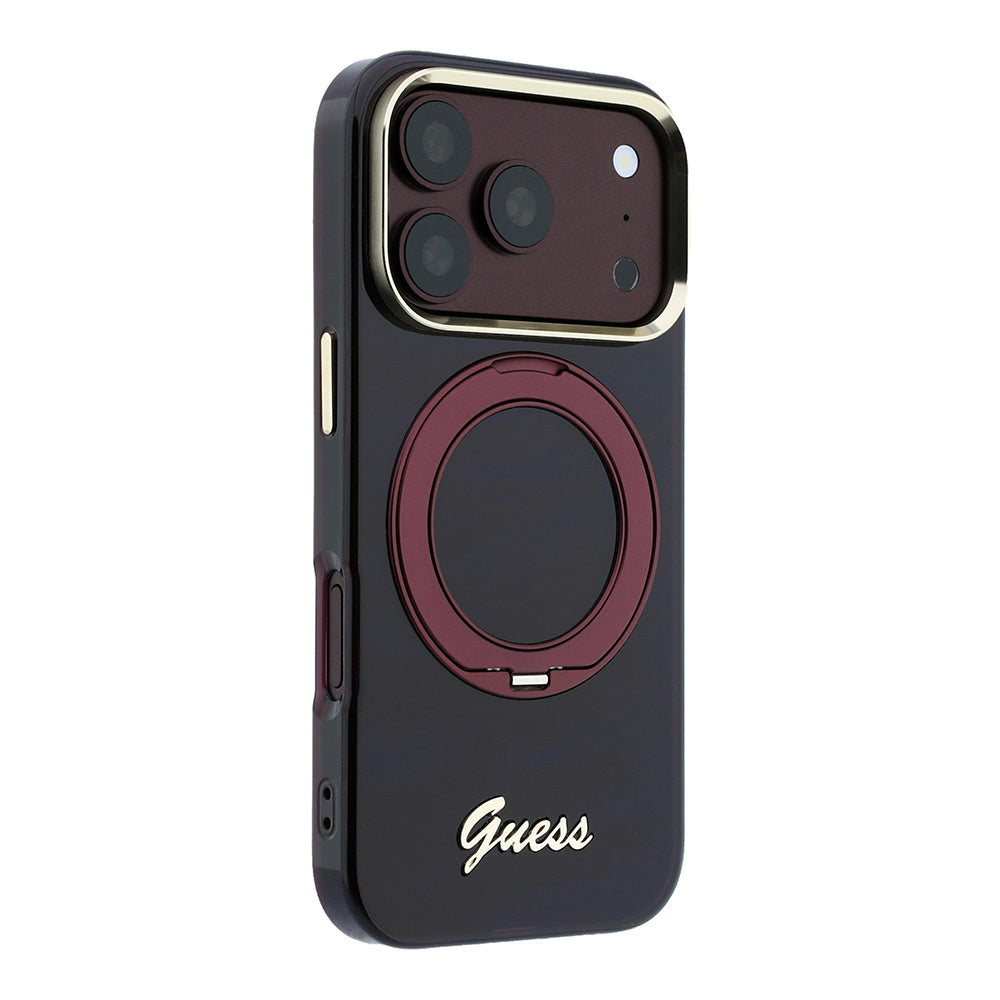 Apple iPhone 18 Pro Max Kılıf Guess Orjinal Lisanslı M-safe Şarj Özellikli 360 Derece Dönebilen Standlı Metal Yazı Logolu Silikon Kapak