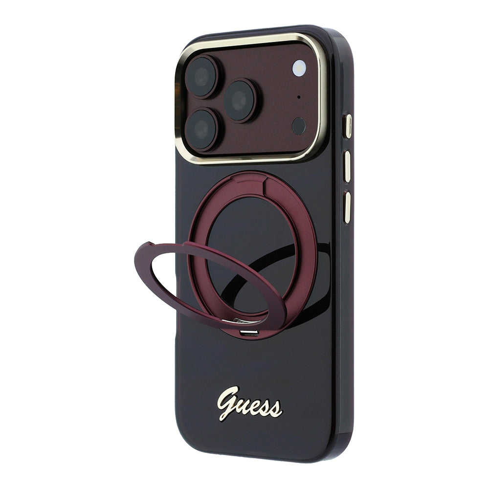 Apple iPhone 18 Pro Max Kılıf Guess Orjinal Lisanslı M-safe Şarj Özellikli 360 Derece Dönebilen Standlı Metal Yazı Logolu Silikon Kapak