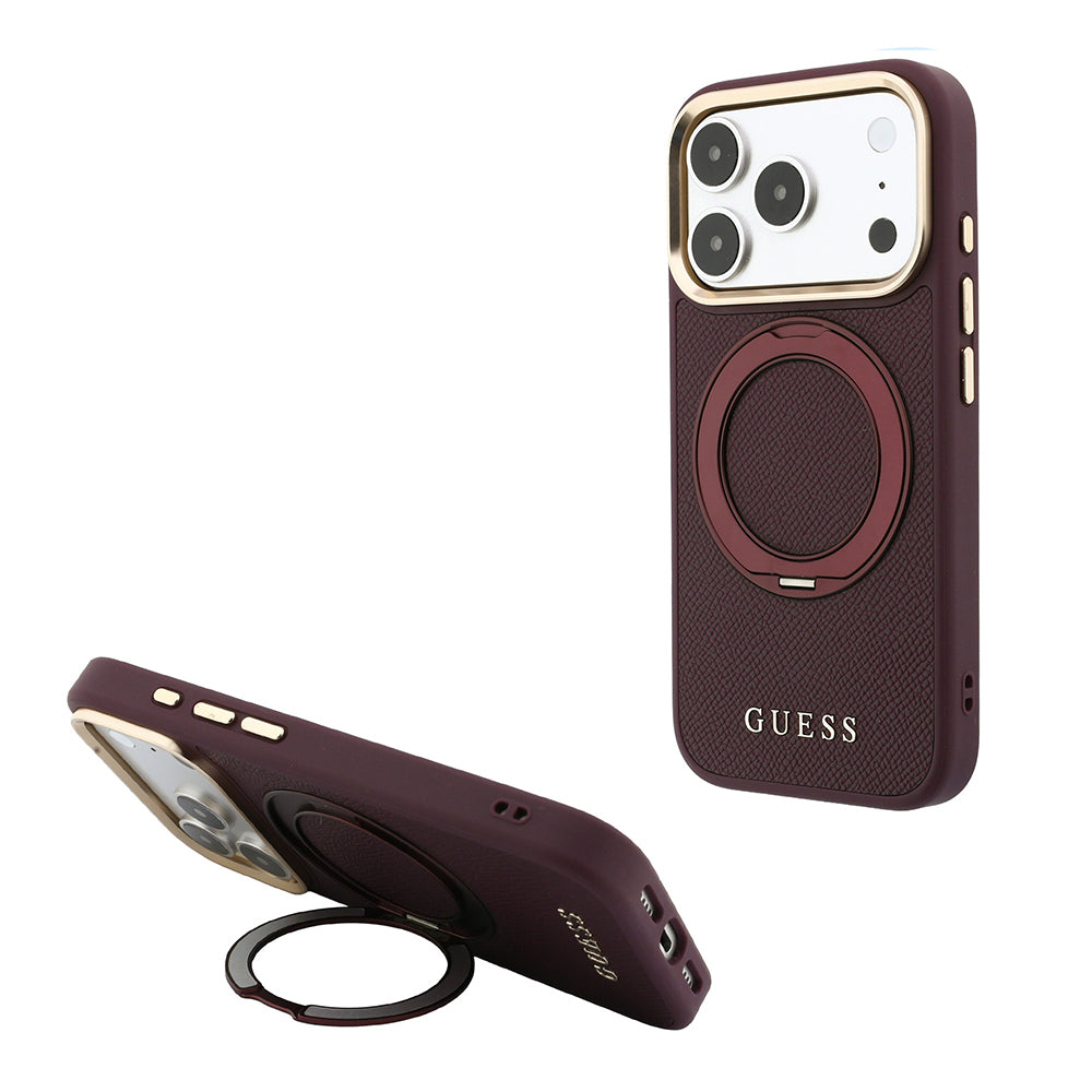 Apple iPhone 18 Pro Max Kılıf Guess Orjinal Lisanslı M-safe Şarj Özellikli 360 Derece Dönebilen Standlı PU Metal Yazı Logolu Kapak
