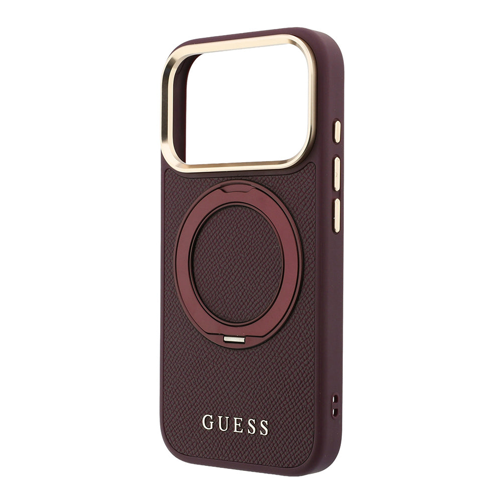 Apple iPhone 18 Pro Max Kılıf Guess Orjinal Lisanslı M-safe Şarj Özellikli 360 Derece Dönebilen Standlı PU Metal Yazı Logolu Kapak