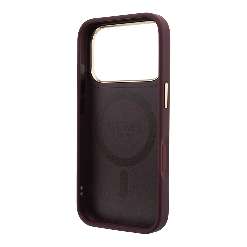Apple iPhone 18 Pro Max Kılıf Guess Orjinal Lisanslı M-safe Şarj Özellikli 360 Derece Dönebilen Standlı PU Metal Yazı Logolu Kapak