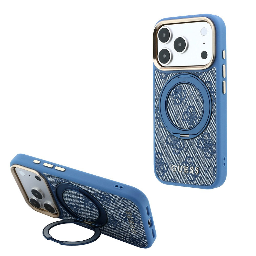 Apple iPhone 18 Pro Max Kılıf Guess Orjinal Lisanslı M-safe Şarj Özellikli 4G Desenli 360 Derece Dönebilen Standlı Metal Yazı Logolu Kapak