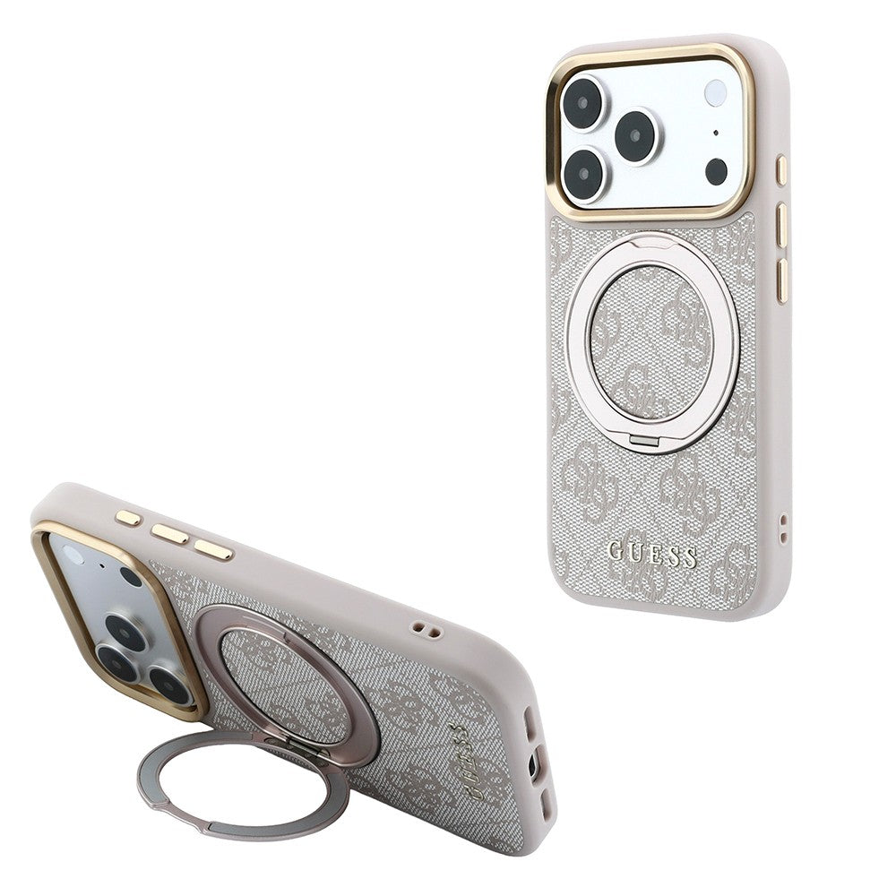 Apple iPhone 18 Pro Max Kılıf Guess Orjinal Lisanslı M-safe Şarj Özellikli 4G Desenli 360 Derece Dönebilen Standlı Metal Yazı Logolu Kapak