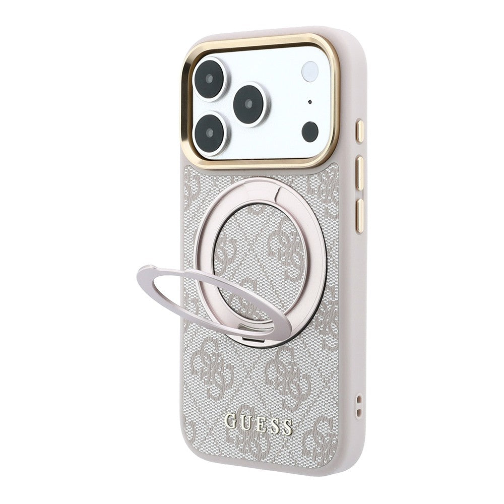 Apple iPhone 18 Pro Max Kılıf Guess Orjinal Lisanslı M-safe Şarj Özellikli 4G Desenli 360 Derece Dönebilen Standlı Metal Yazı Logolu Kapak